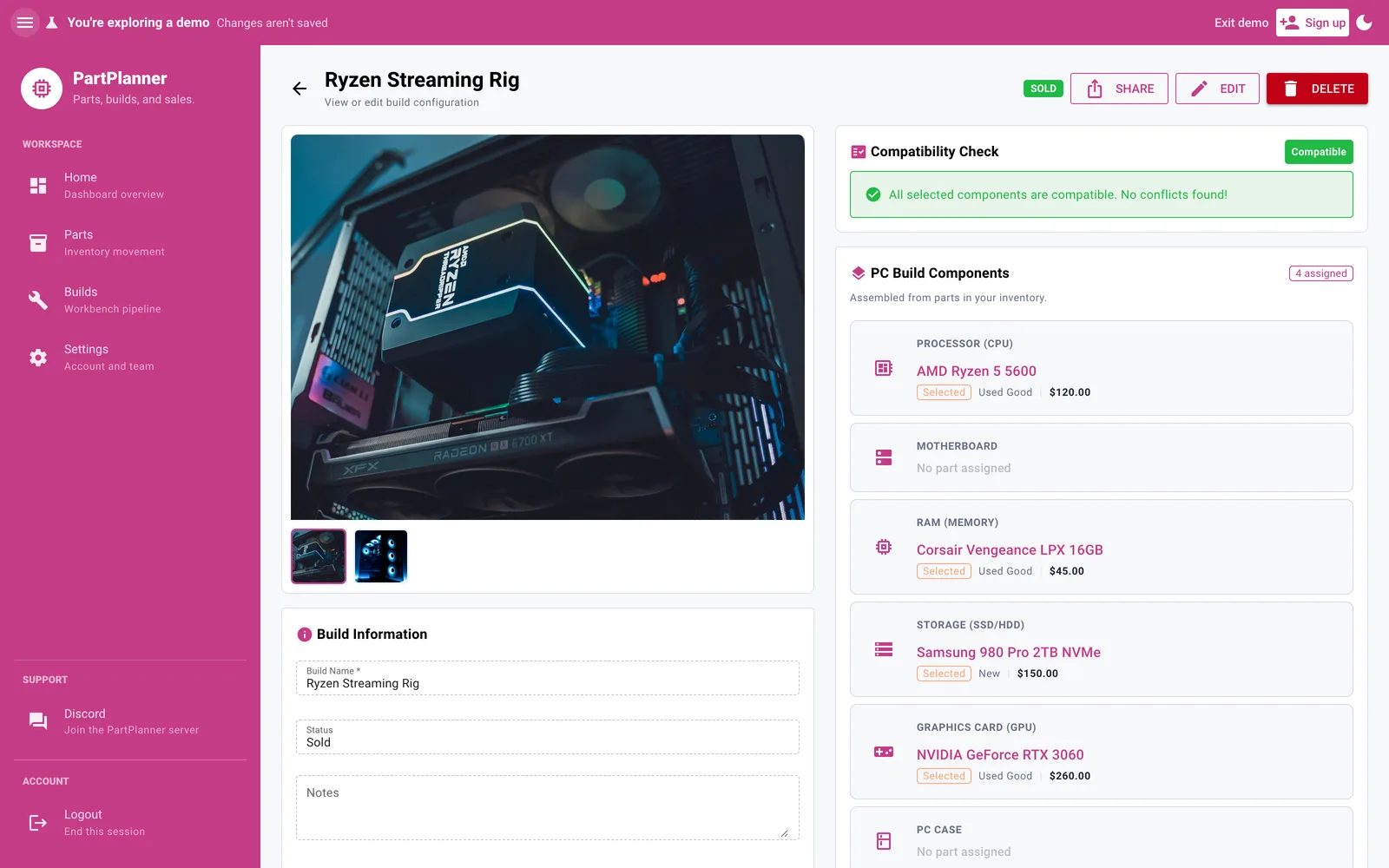 A PartPlanner build detail page breaking a build into each component with its cost, alongside a passed compatibility check.
