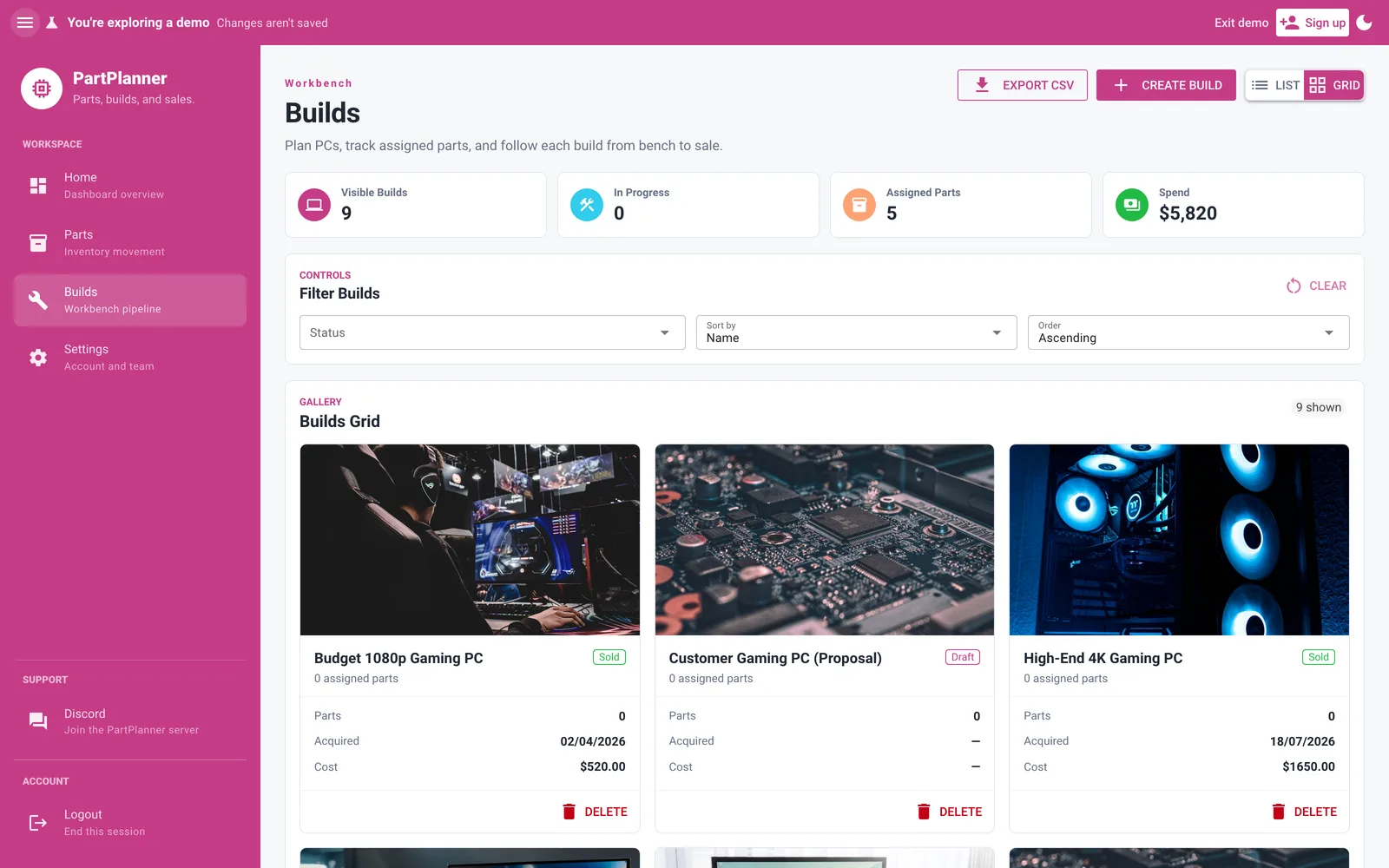 PartPlanner builds gallery on desktop, showing PC builds as cards with cover photos and their status.