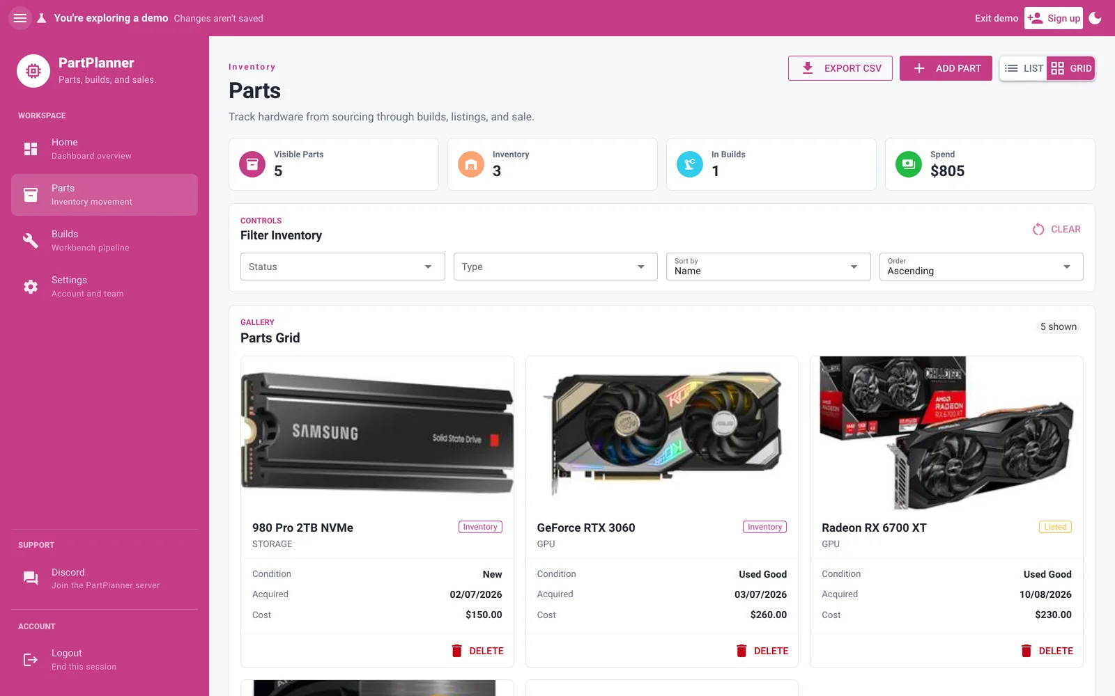 PartPlanner parts inventory grid showing components as cards with photos, condition, acquired date, and cost.