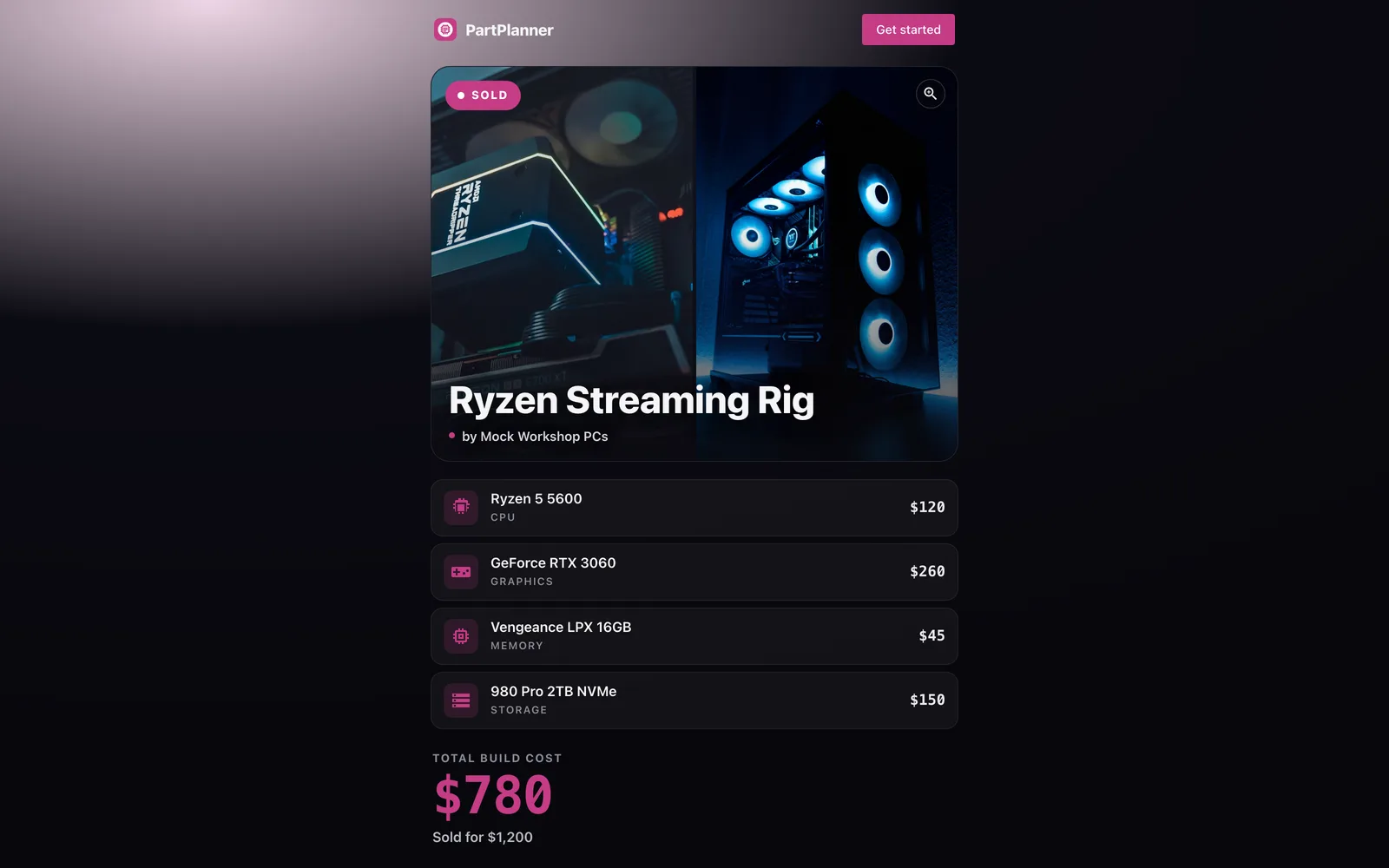 A public PartPlanner build page for a sold Ryzen Streaming Rig, showing build photos, each component with its cost, and the total build cost.